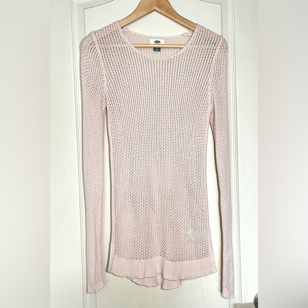 Old Navy Pink Open Work Knit Long Sleeve Mesh Sweater Size XS Sheer Layering